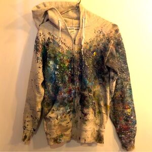 Handmade acrylic painted vintage zip up grey rainbow hoodie Small